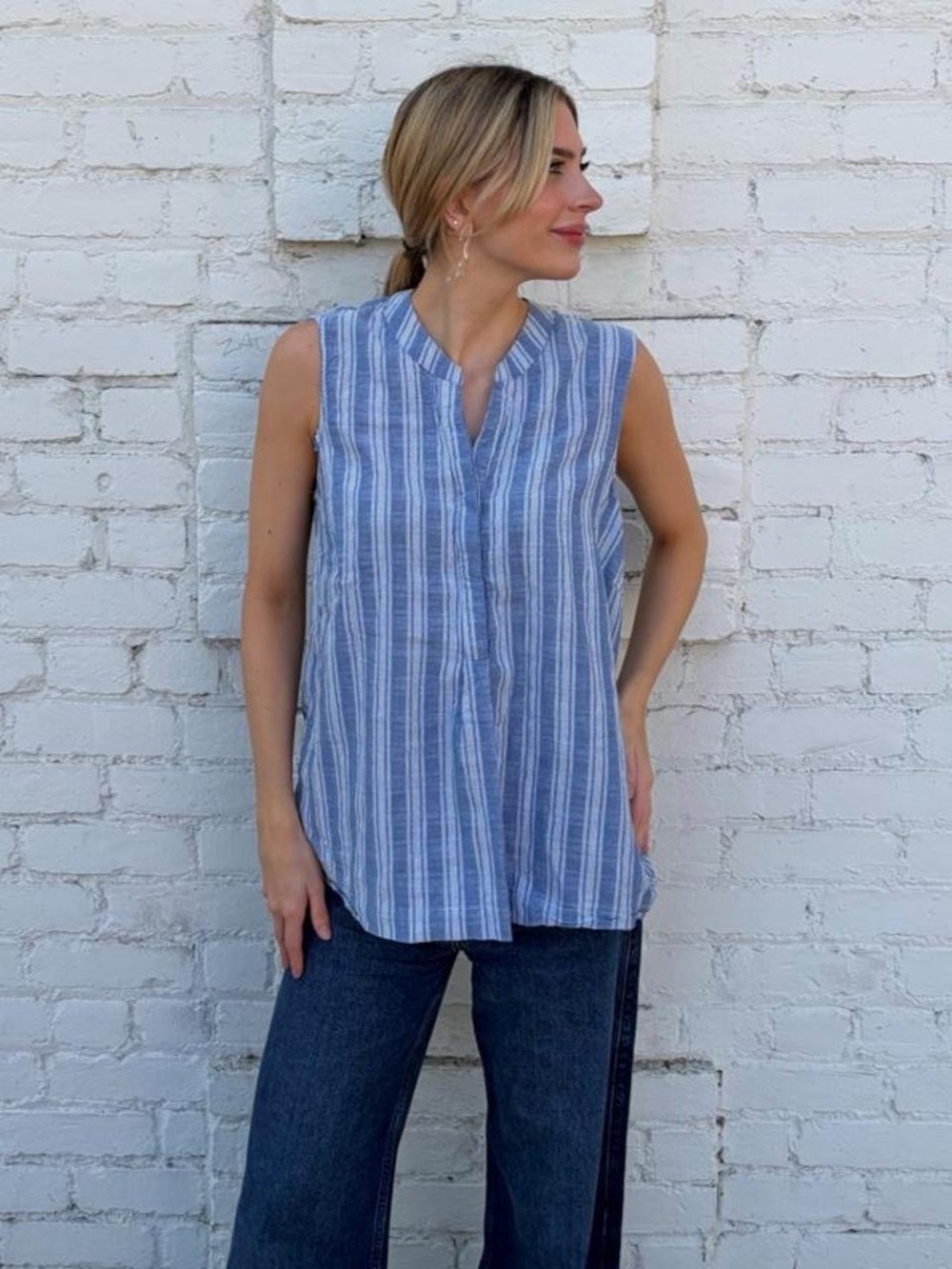 Sharagano blue striped sleeveless blouse sz 14 #western #boho #beach #mom